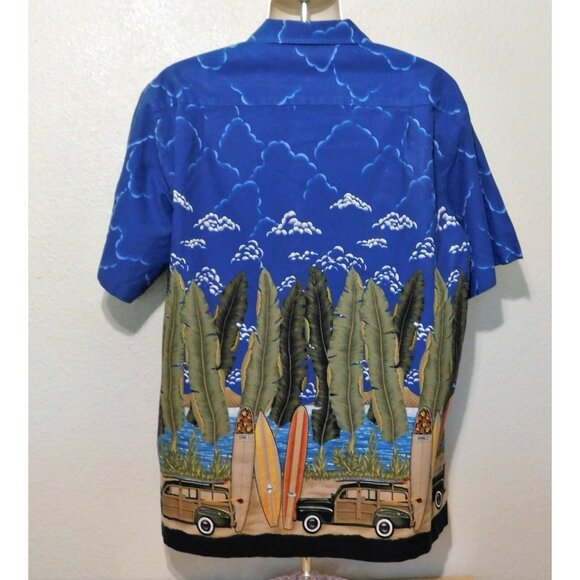 Vintage RJC Hawaiian Shirt XL Blue Surf Woody Car Beach Scene Short Slv Cotton - Picture 6 of 8
